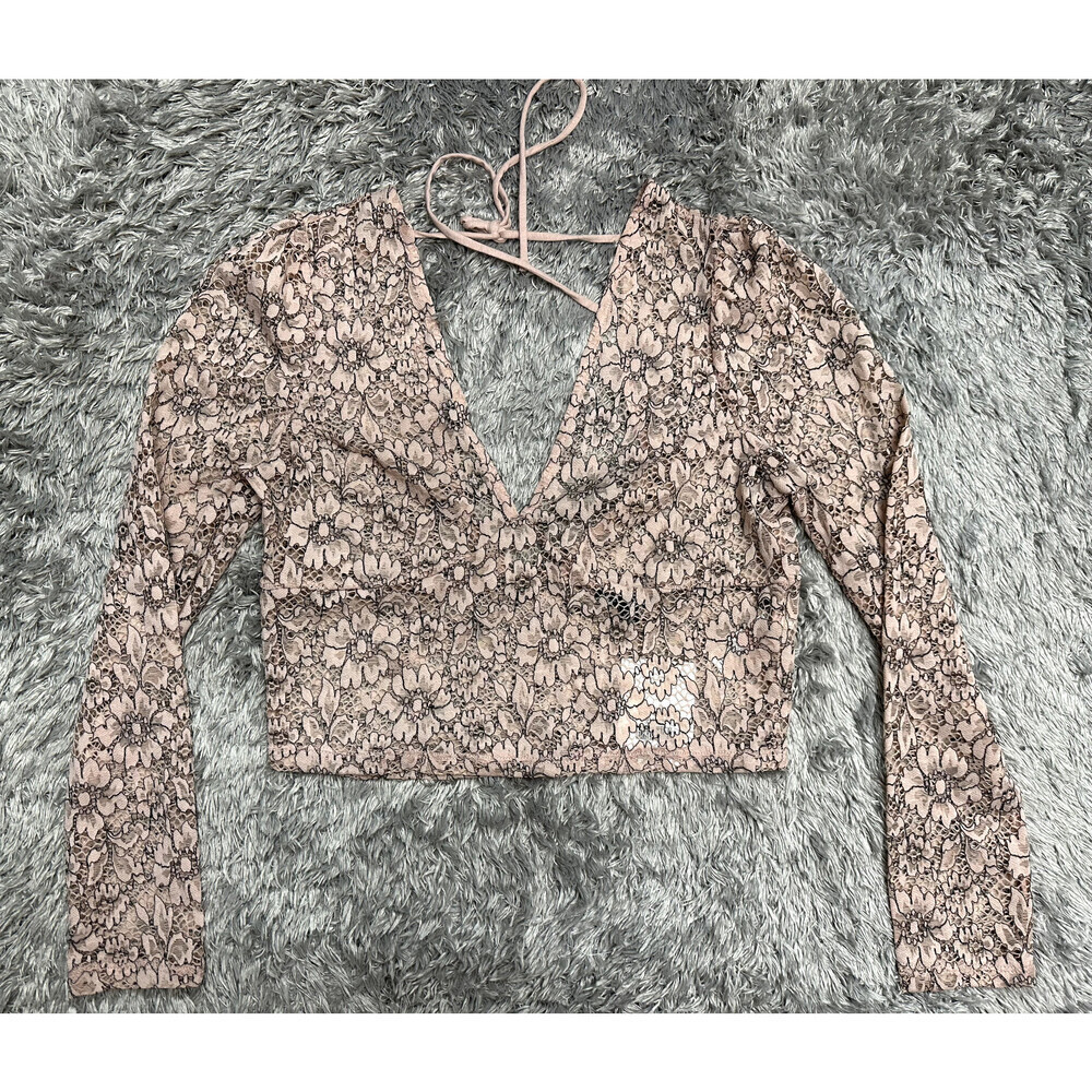TOPSHOP Lace Crop Plunge V neck blouse Top Size 8 in pink